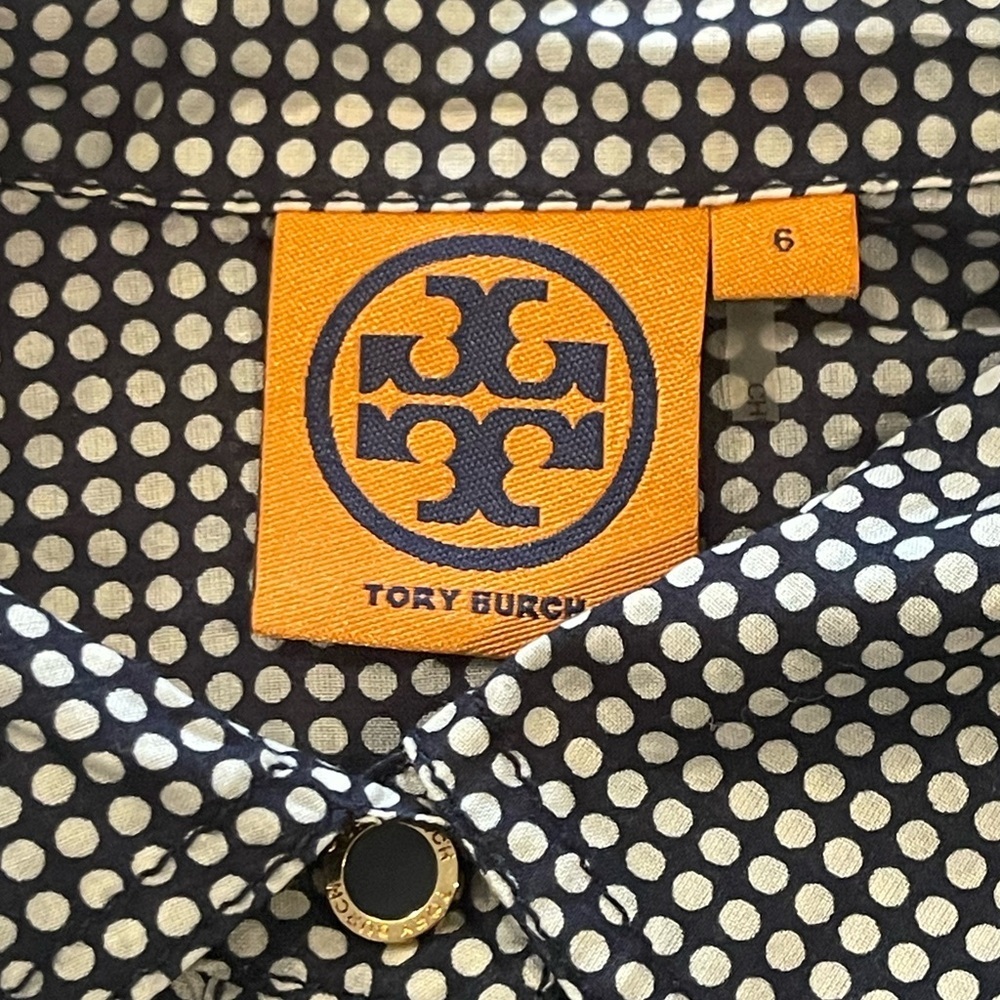 Tory Burch Navy & White Polka Dot Print Button Down Blouse, Long Sleeve, Size 6 - Picture 3 of 15
